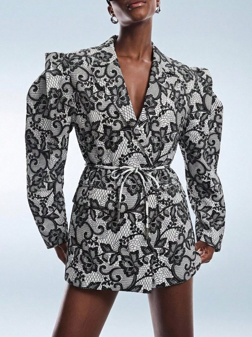 Lace Print Wide Shoulder Cinched Belted Waist oversized blazer